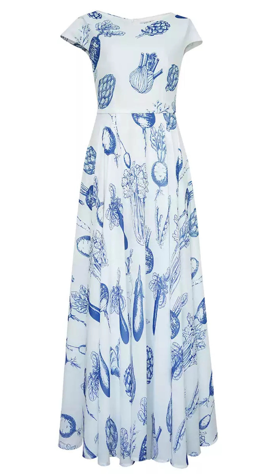 WHITE MAXI DRESS WITH BLUE VEGETABLE PRINTS AND CAP SLEEVES