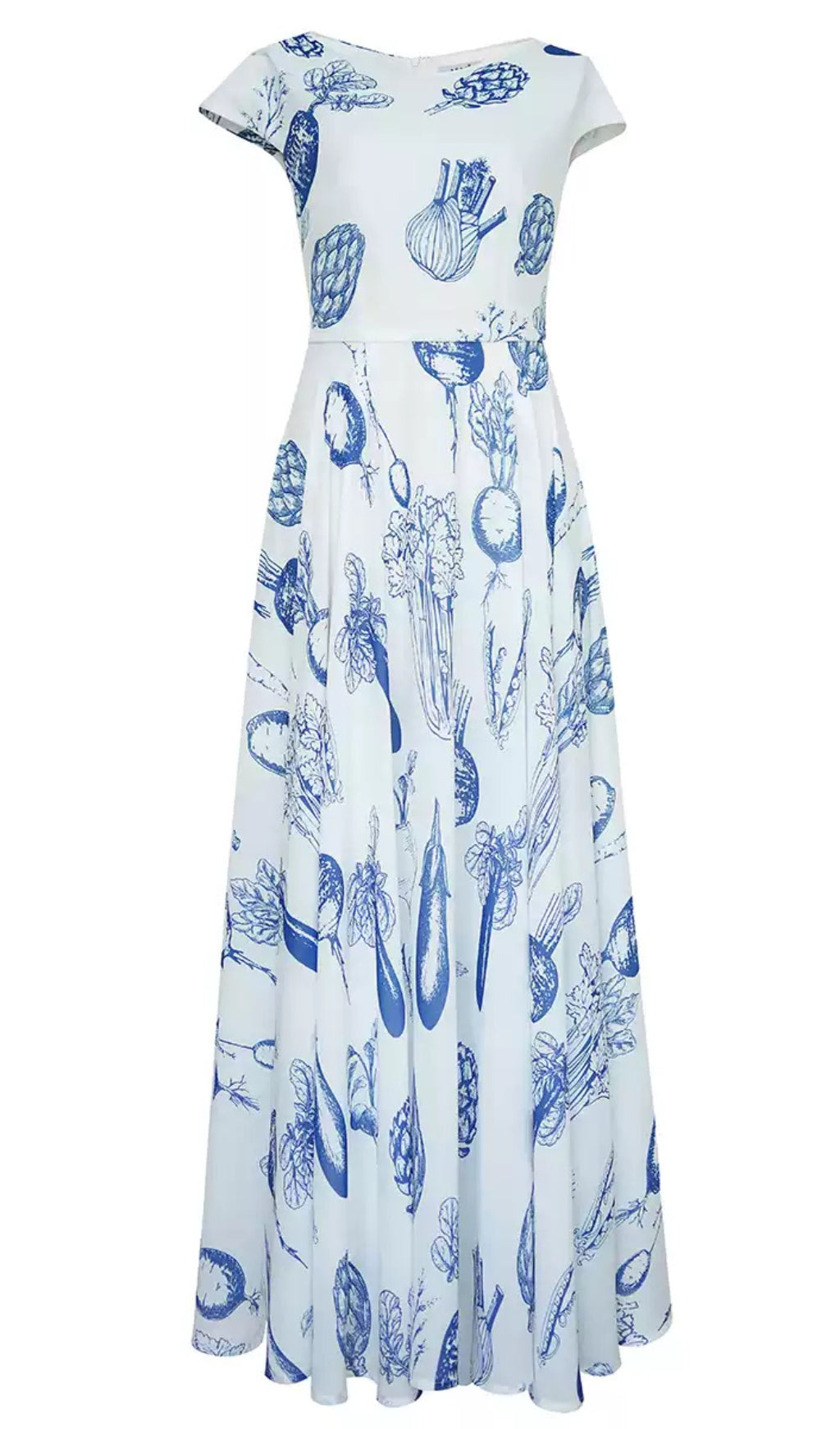 WHITE MAXI DRESS WITH BLUE VEGETABLE PRINTS AND CAP SLEEVES