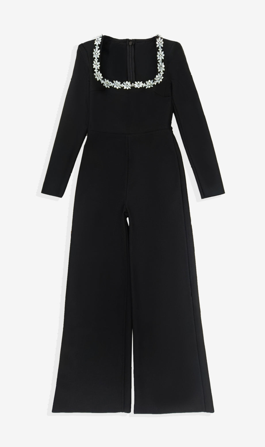 BLACK LONG - SLEEVED JUMPSUIT WITH WIDE - LEG PANTS