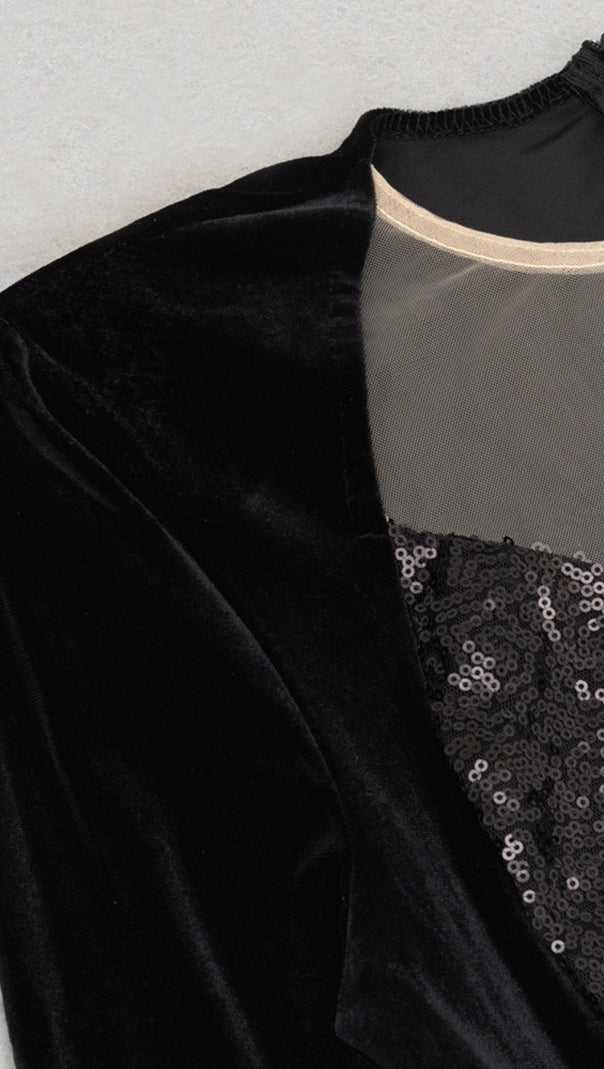 AIIZIE VELVET SEQUIN - INSET LONG - SLEEVE MAXI DRESS IN BLACK - product image