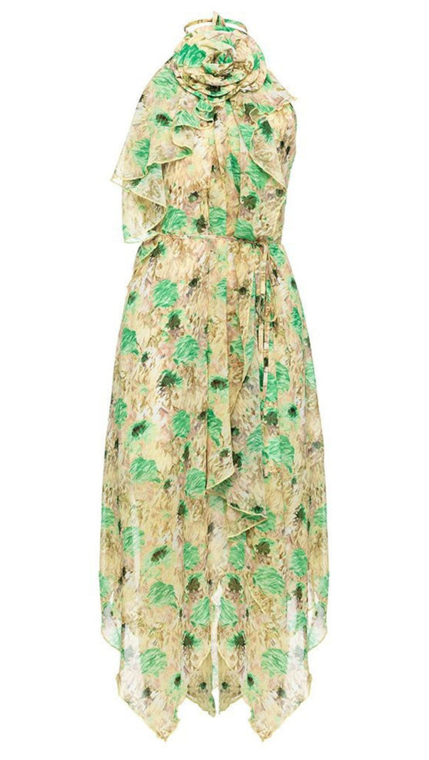 AIIZIE FLORAL CHIFFON HALTER NECK RUFFLED ASYMMETRIC MIDI DRESS - product image