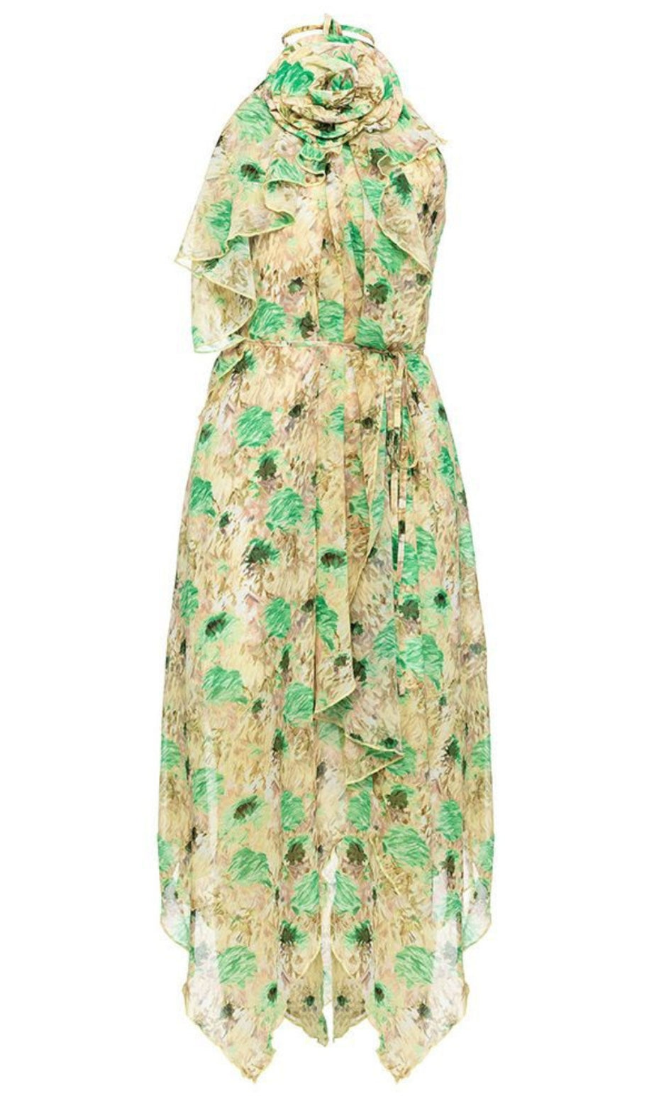Floral Chiffon Halter Neck Ruffled Asymmetric Midi Dress