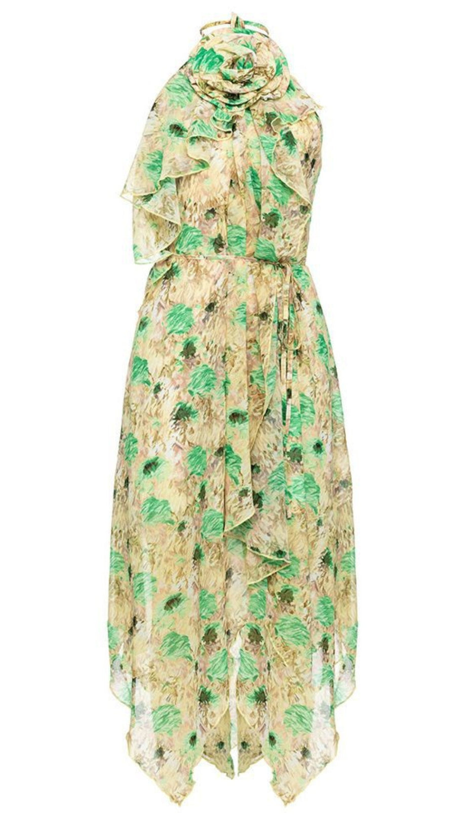 FLORAL CHIFFON HALTER NECK RUFFLED ASYMMETRIC MIDI DRESS