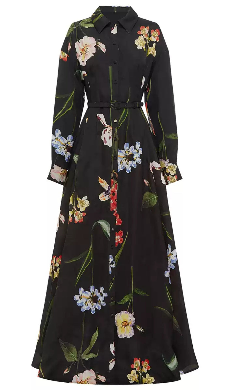 Schwarzes, bedrucktes, einreihiges Maxi-Hemdkleid 