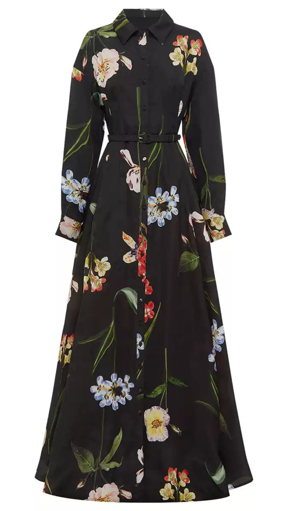 BLACK PRINTED SINGLE - BREASTED SHIRT MAXI DRESS