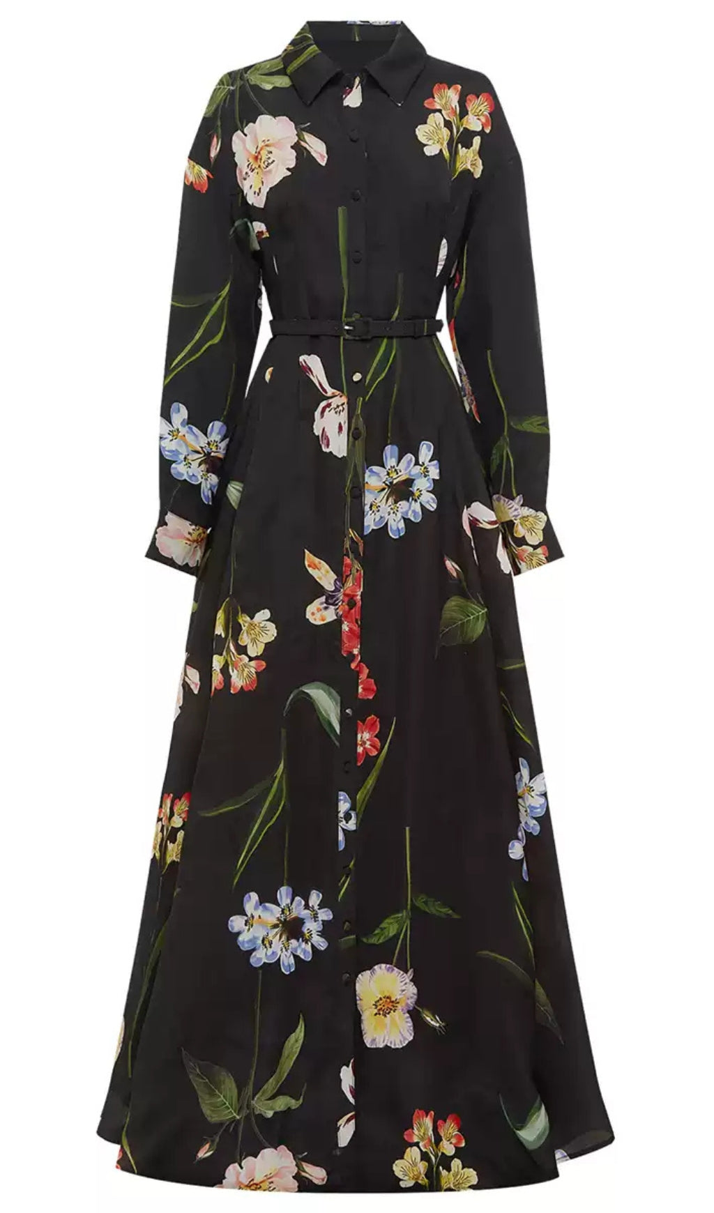 BLACK PRINTED SINGLE - BREASTED SHIRT MAXI DRESS