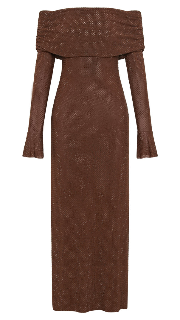 AIIZIE DENISE OFF SHOULDER SEQUIN MAXI DRESS - CHOCOLATE - product image