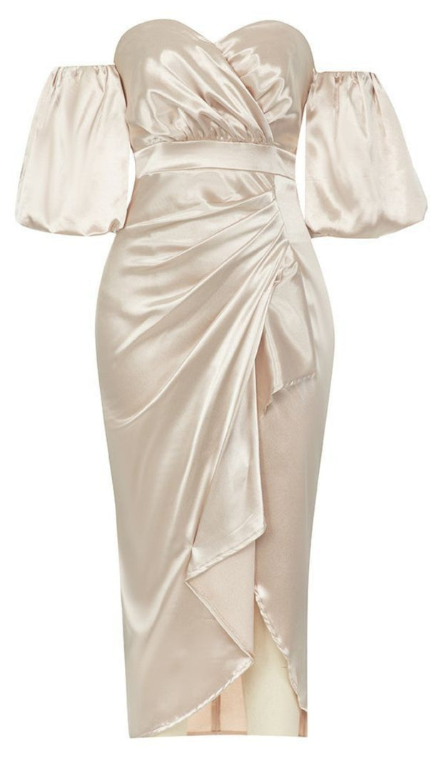 AIIZIE SATIN OFF - SHOULDER PUFF - SLEEVE MIDI DRESS IN CHAMPAGNE - product image
