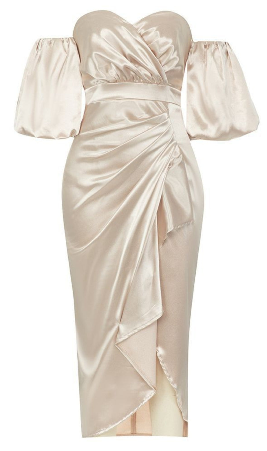 Schulterfreies Midikleid aus Satin mit Puffärmeln in Champagner