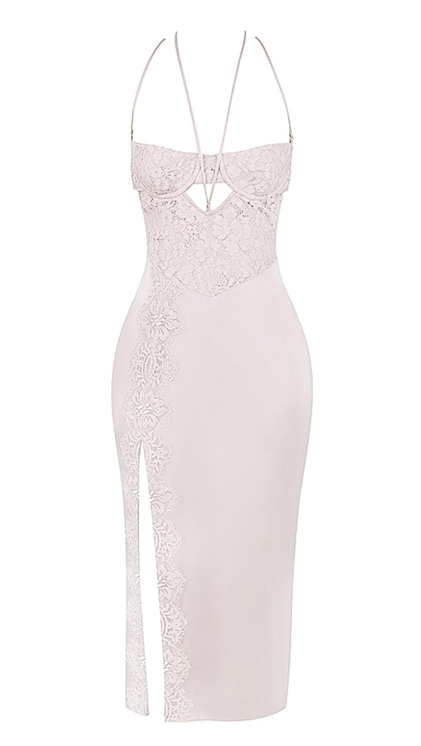 AIIZIE APRICOT CRYSTAL SATIN LACE CUTOUT MIDI DRESS - product image