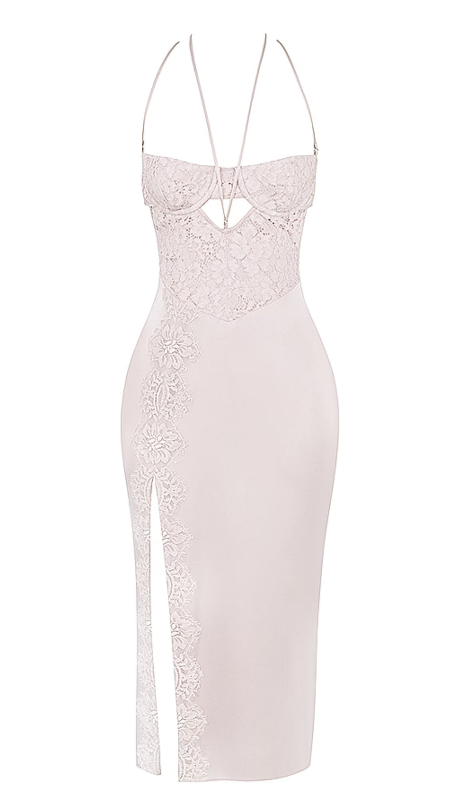 APRICOT CRYSTAL SATIN LACE CUTOUT MIDI DRESS