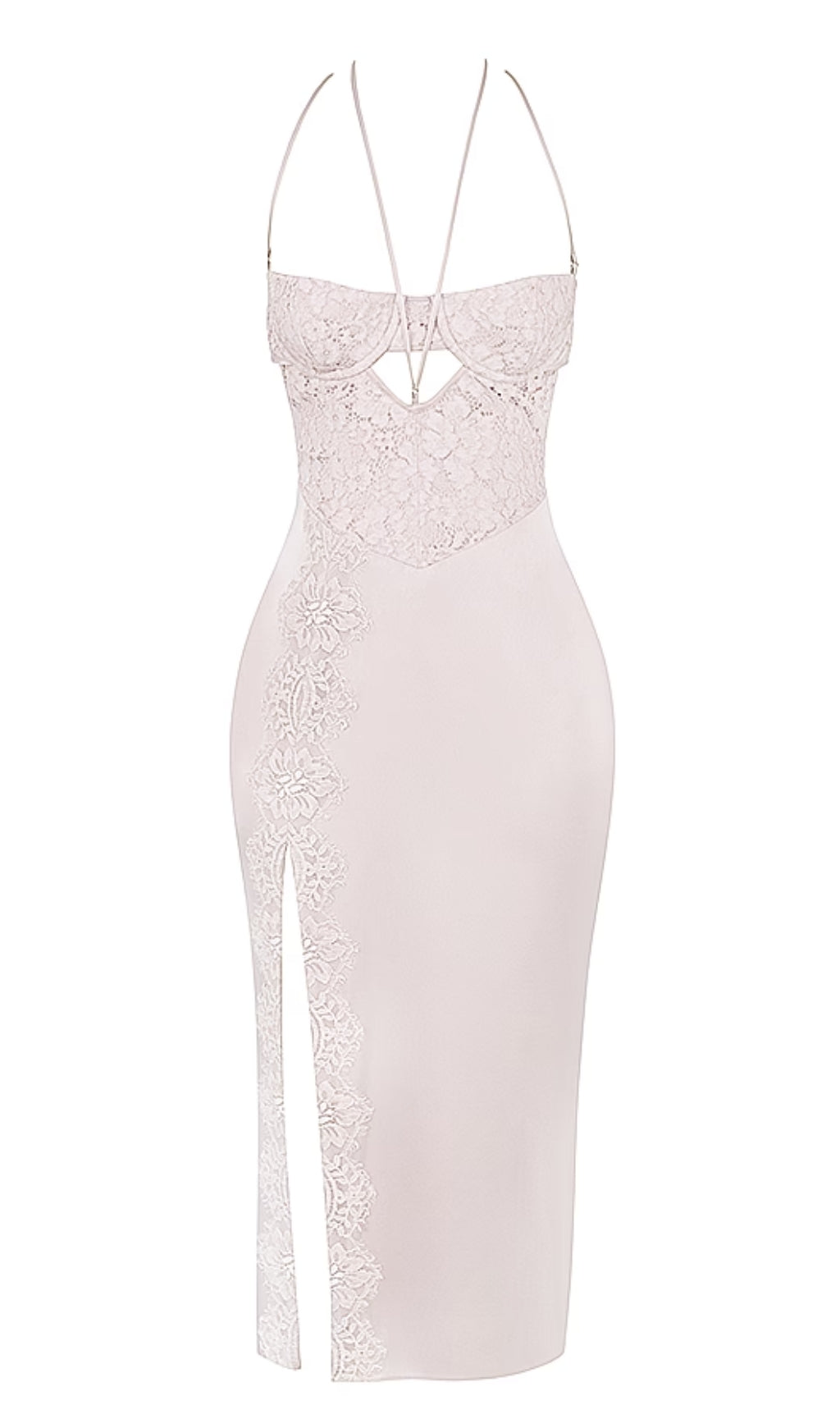 APRICOT CRYSTAL SATIN LACE CUTOUT MIDI DRESS