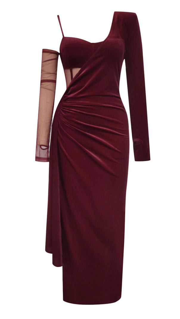 AIIZIE VELVET ONE - SHOULDER MESH - ACCENT MIDI DRESS IN DARK RED - product image