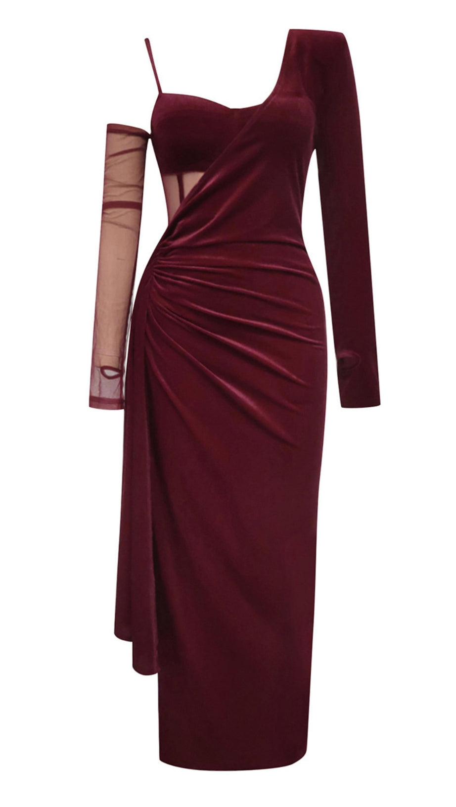 VELVET ONE - SHOULDER MESH - ACCENT MIDI DRESS IN DARK RED