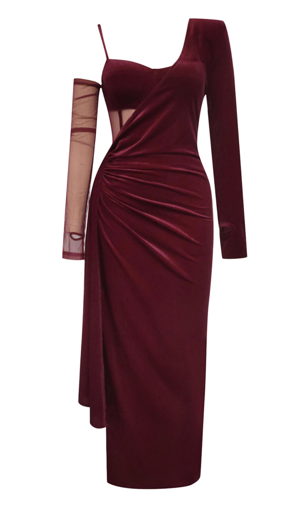 Samt-Midikleid mit One-Shoulder-Mesh-Akzent in Dunkelrot