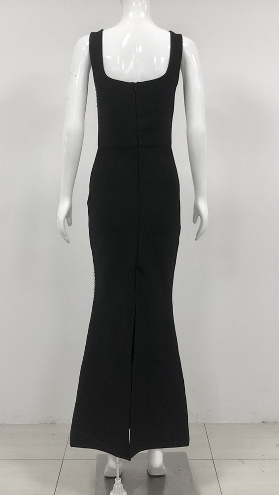 RHINESTONE - EMBELLISHED SQUARE - NECK MERMAID MAXI DRESS IN BLACK