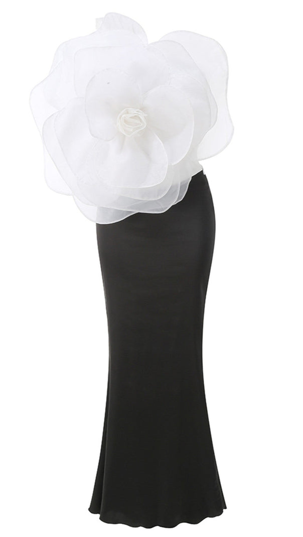 AIIZIE 3D WHITE FLOWER ONE-SHOULDER MAXI DRESS IN BLACK - product image