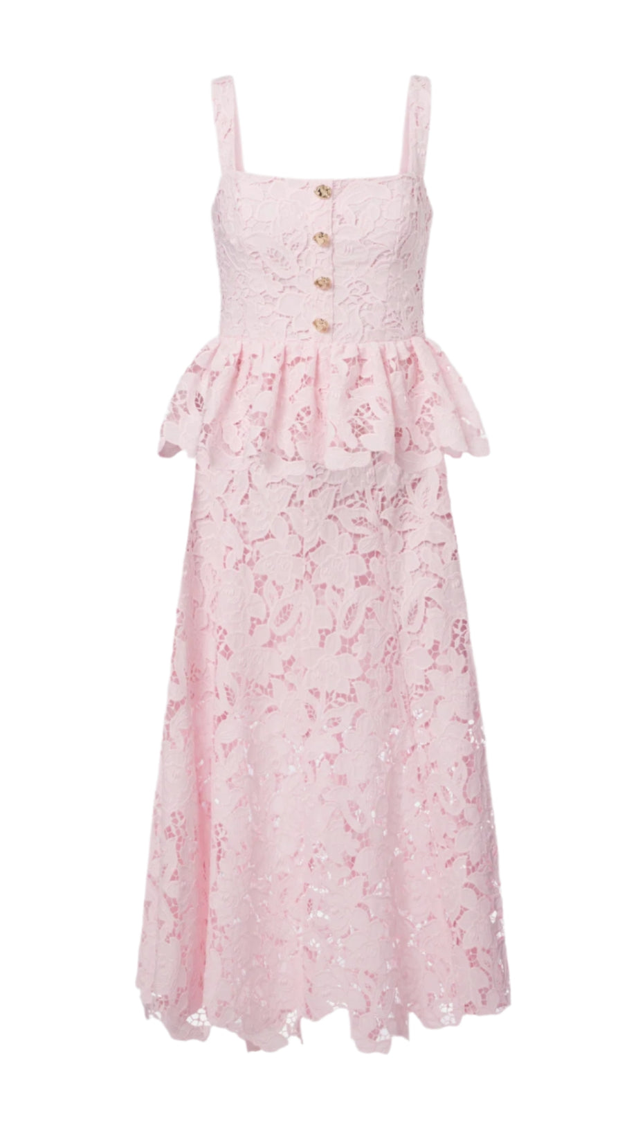 PINK LACE PEPLUM MIDI DRESS