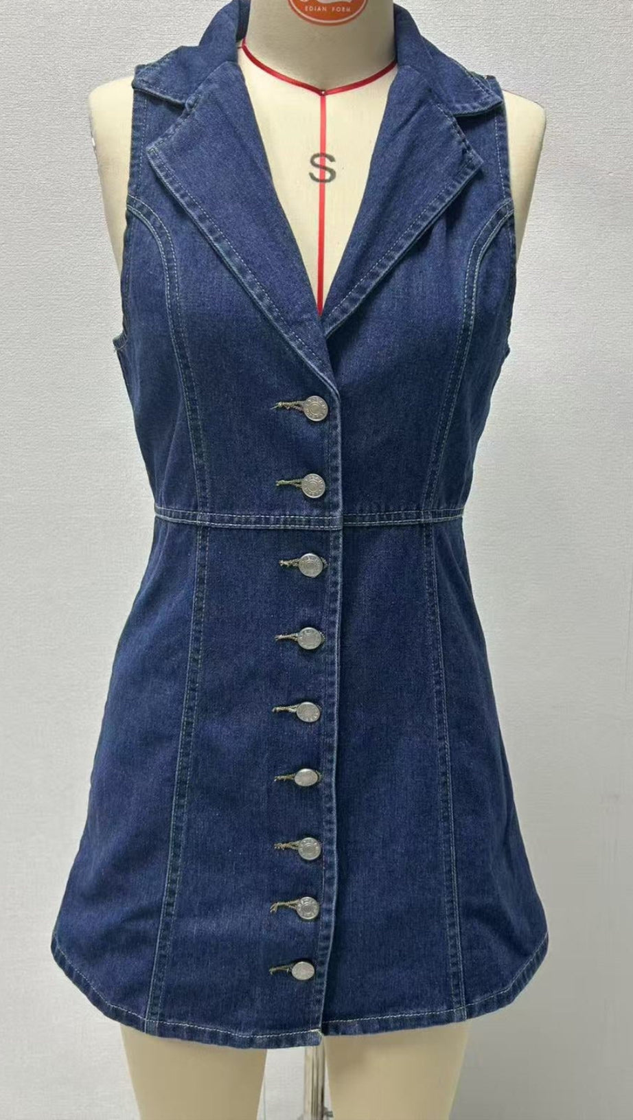 EARTHA COLLARED DENIM MINI DRESS - DARK BLUE