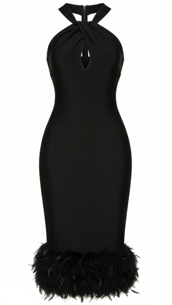 AIIZIE JENNY BLACK TWIST-NECK FEATHER HEM MIDI DRESS - product image