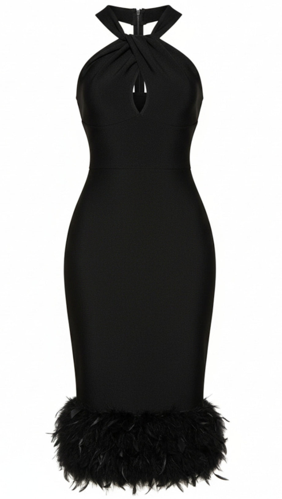 JENNY BLACK TWIST-NECK FEATHER HEM MIDI DRESS