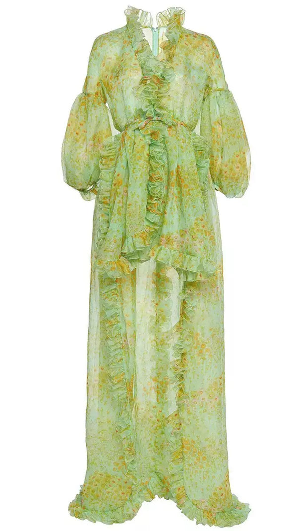 AIIZIE GREEN ELEGANT FLORAL CHIFFON MAXI DRESS WITH RUFFLES AND BELT - product image