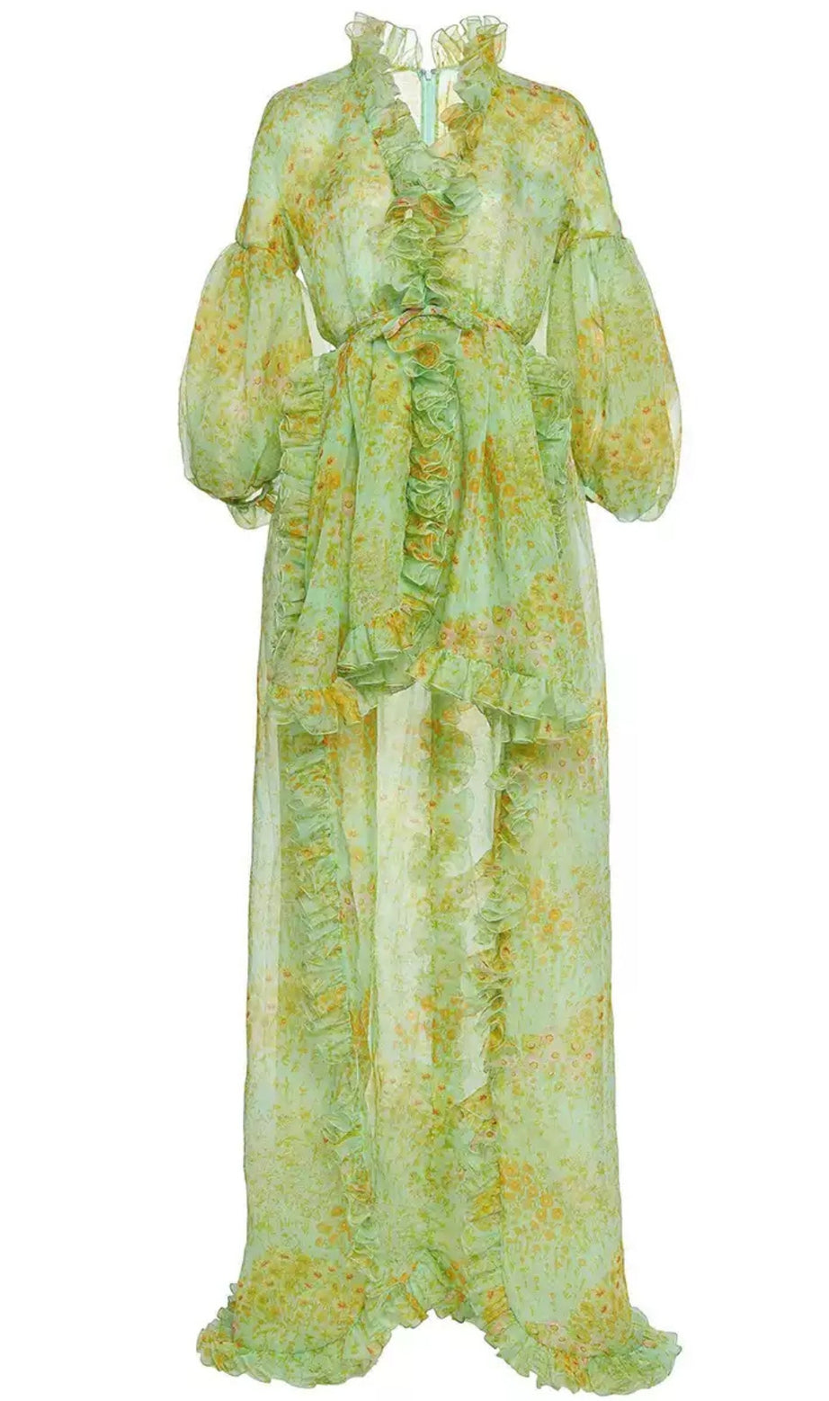 Green Elegant Floral Chiffon Maxi Dress with Ruffles and Belt