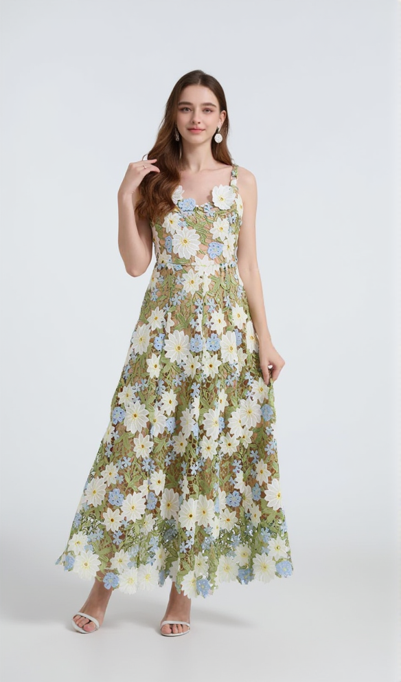CELESTE FLORAL HOLLOW STITCHING MAXI DRESS IN GREEN