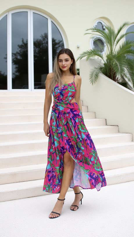 Lila bedrucktes Midikleid mit offenem Rückenschlitz und ausgehöhlter Vorderseite