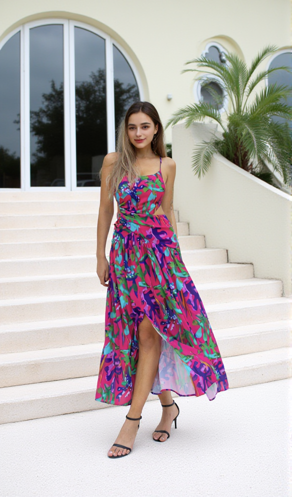 AIIZIE PURPLE PRINTED HOLLOW-OUT OPEN-BACK SLIT MIDI DRESS - product image