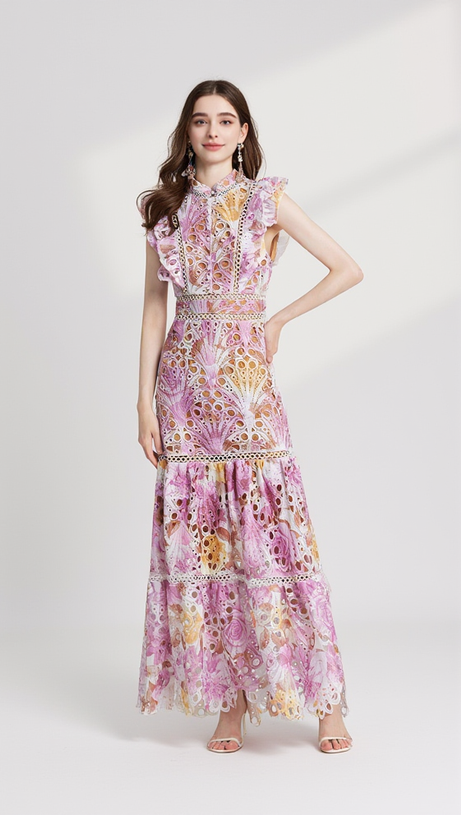 CHLOE HOLLOW OUT FLOWER EMBROIDERY MAXI DRESS IN PINK PURPLE
