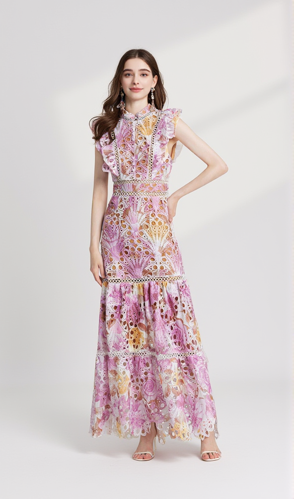 CHLOE HOLLOW OUT FLOWER EMBROIDERY MAXI DRESS IN PINK PURPLE