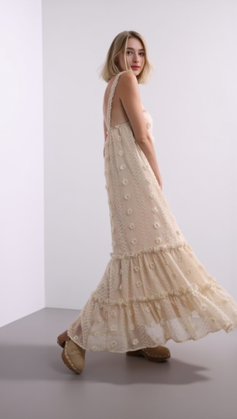 ABITO LUNGO CON SPALLINE JACQUARD ANNABELLE COLOR ALBICOCCA