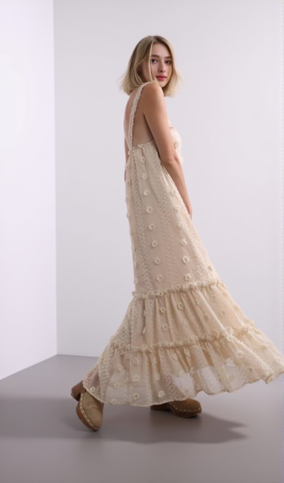 annabelle Jacquard strap maxi dress in apricot