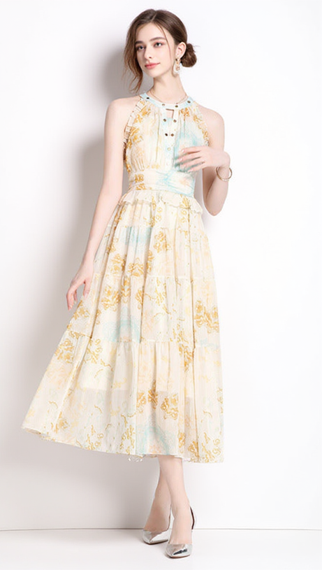 ELVIRA PRINT SLEEVELESS HALTERNECK MIDI DRESS IN YELLOW