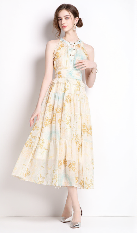 ELVIRA PRINT SLEEVELESS HALTERNECK MIDI DRESS IN YELLOW