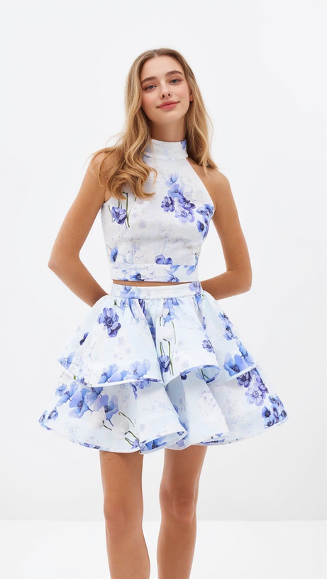 Completo con gonna e top senza spalline con stampa Jessica in blu