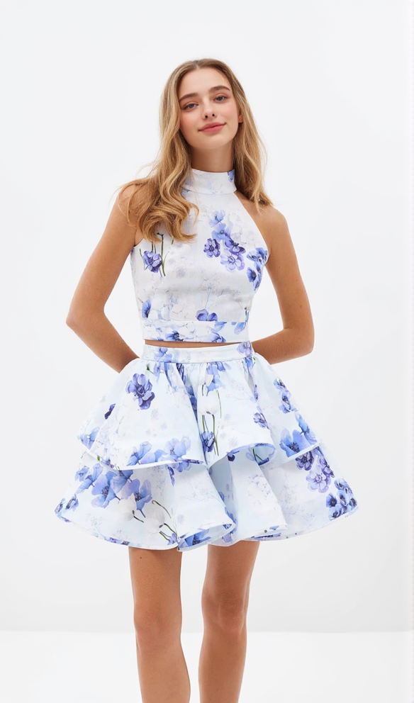 JESSICA PRINTED BACKLESS HALTER TOP SKIRT SET IN BLUE