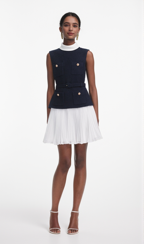 Marineblaues Minikleid aus Bouclé und Chiffon