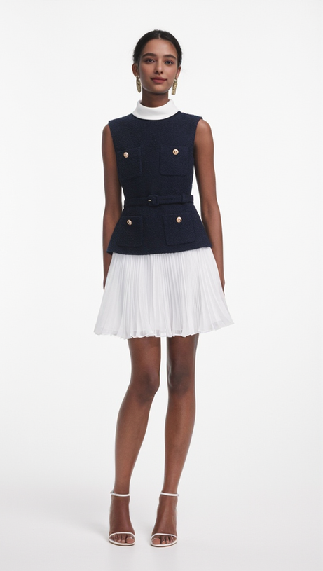 NAVY BOUCLE AND CHIFFON MINI DRESS