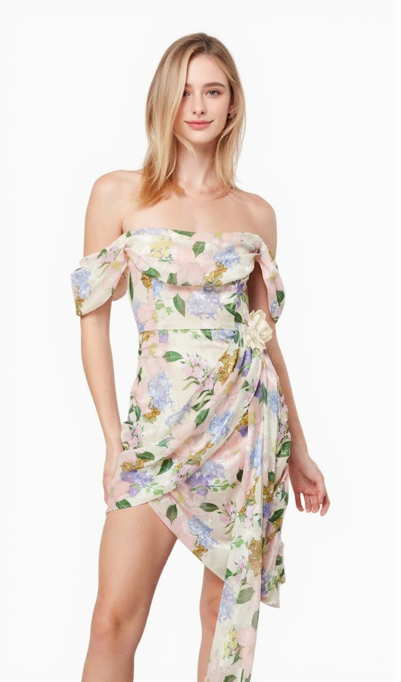 AIIZIE OFF-SHOULDER FLORAL PRINTED ASYMMETRIC MINI DRESS - product image