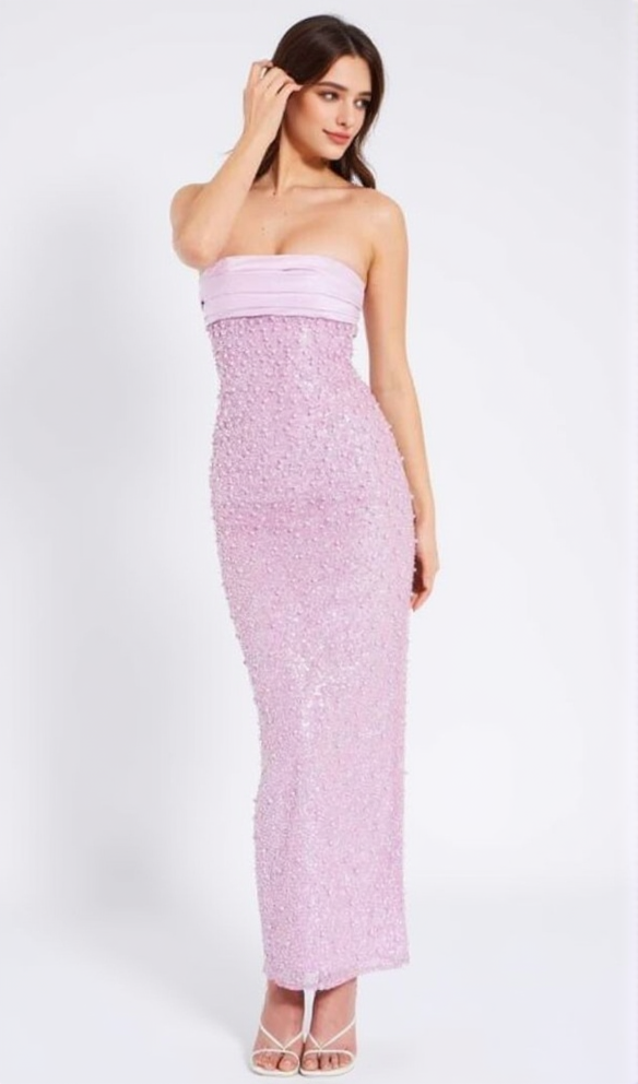 PINK SATIN SEQUIN PEARLS BEADED MAXI DRESS