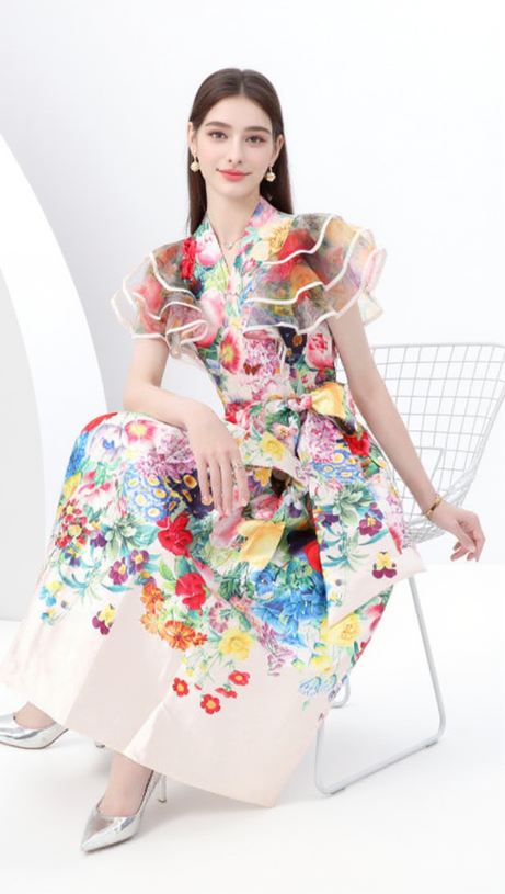 Daphne Midikleid mit Rüschen und A-Linien-Print