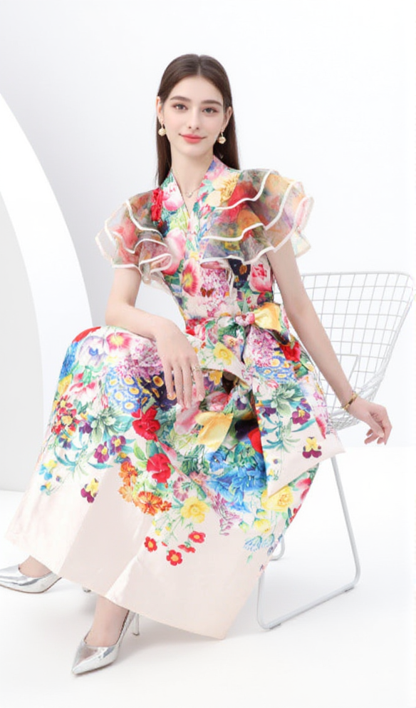 AIIZIE DAPHNE RUFFLED A-LINE PRINT MIDI DRESS - product image