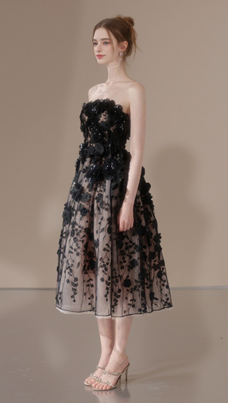 ANNA CRYSTAL FLORAL EMBROIDERY MIDI DRESS IN BLACK