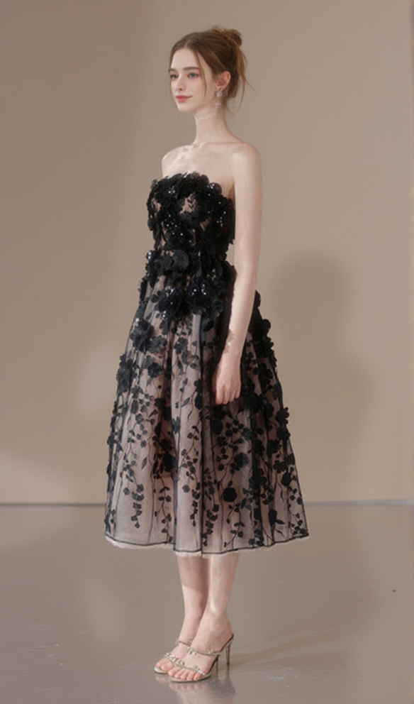 AIIZIE ANNA CRYSTAL FLORAL EMBROIDERY MIDI DRESS IN BLACK - product image