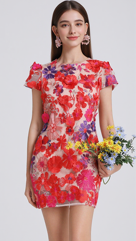 DENISE FLORAL SLIM PUFF SLEEVES MINI DRESS IN RED
