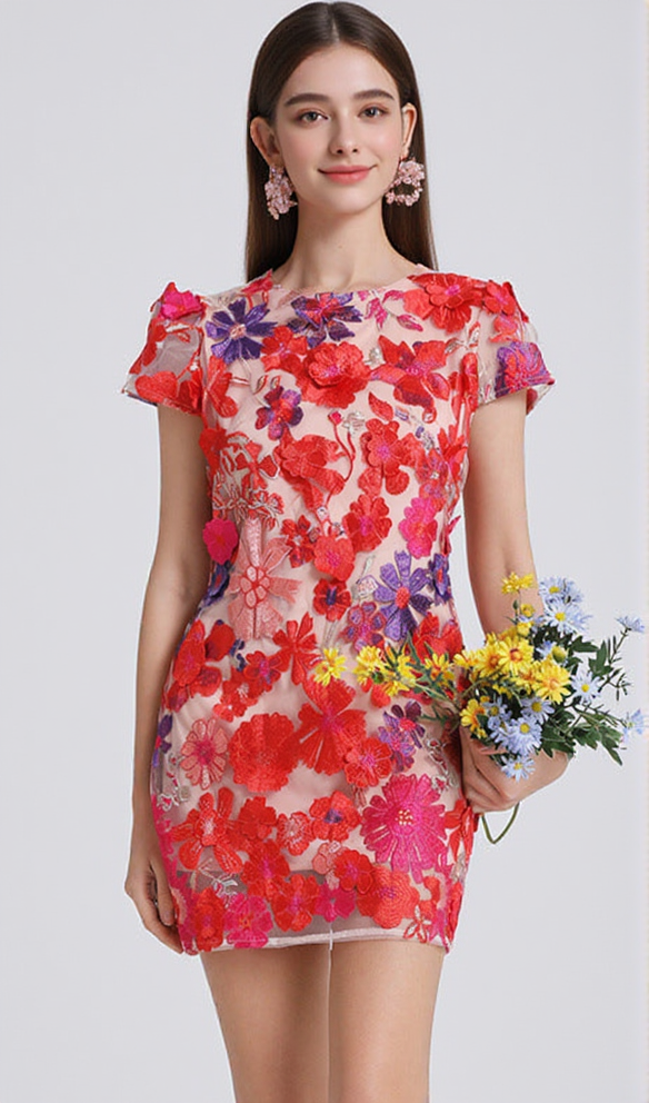 denise floral slim puff sleeves mini dress in red