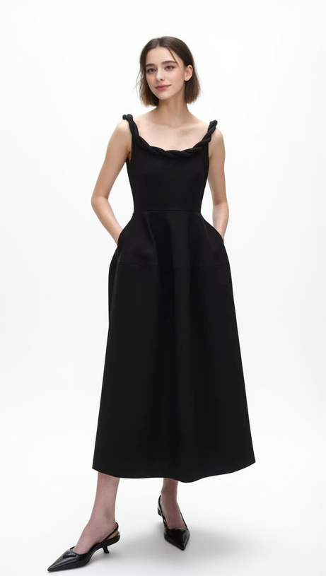 ABITO MIDI MONICA CON SPALLINE INTRECCIATE IN NERO