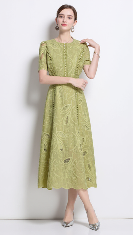 ABITO MIDI IN PIZZO RICAMO DANA HOLLOW VERDE